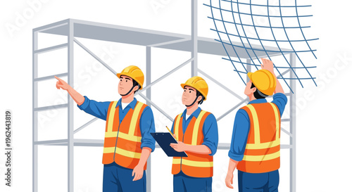 Three construction workers in hard hats and safety vests inspecting scaffolding and safety net vector illustration