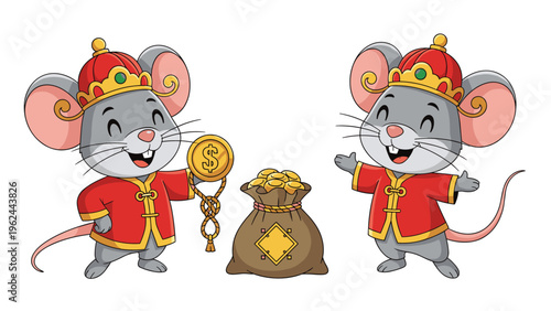 Happy cartoon mice characters in traditional Chinese costumes with a bag of gold coins and money for Lunar New Year celebration.