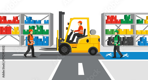 Warehouse logistics vector illustration with forklift, workers, and storage shelves for industrial safety