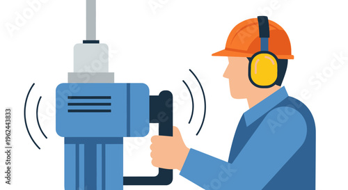Construction worker operating jackhammer with ear protection, industrial safety vector illustration