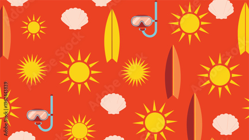 Seamless summer pattern featuring bright suns, surfboards, snorkeling masks, and seashells on an orange background for vacation themes.