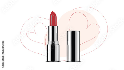 Stylish red lipstick tube with hearts in the background for cosmetics branding, beauty industry, and Valentine's Day makeup concepts.
