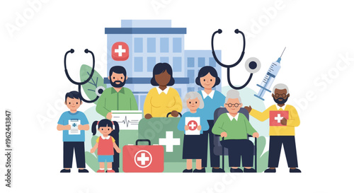 Diverse Family and Community Accessing Comprehensive Healthcare Services Illustration