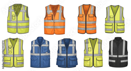 Set of 9 safety vests vector illustrations in various colors and styles for construction and industrial use