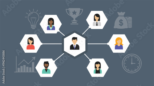 Management network diagram with professional avatars and business icons on a gray background representing leadership and goal achievement.