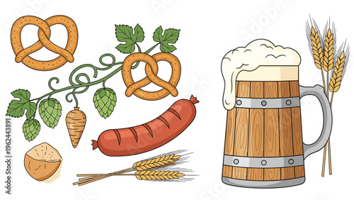Hand-drawn elements for Oktoberfest including a large beer mug, pretzels, sausages, hops, and wheat ears for festival menu design.