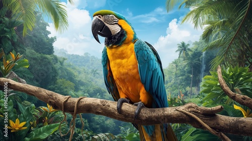 A vibrant parrot perched on a tree branch in a lush tropical forest with a bright blue sky