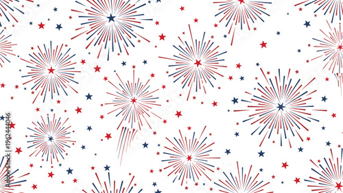 Festive seamless pattern of red, white, and blue fireworks and stars for Independence Day and national holiday celebration themes.