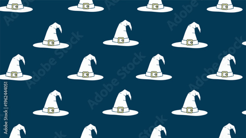 Seamless Halloween pattern with white witch hats and gold buckles on a dark blue background for festive holiday party decor.