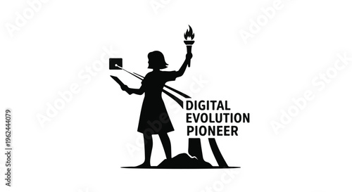 Digital evolution pioneer woman holding torch and tablet