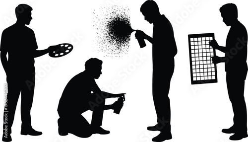 Silhouettes of artists using spray paint and traditional tools like palettes and stencils for creative expression