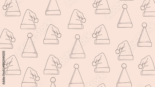 Seamless Christmas pattern of simple hand-drawn Santa hats in a light color palette for festive holiday backgrounds.