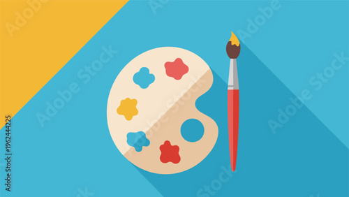 Artist palette with colorful dabs of paint and a paintbrush shown on a blue background with a diagonal yellow stripe.