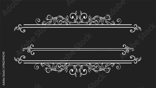 Elaborate white vintage-style frame with intricate floral and leaf patterns on a solid black background for titles.