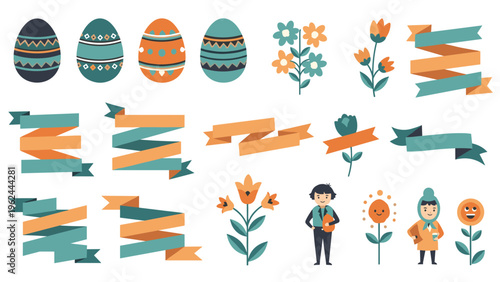 Collection of flat Easter-themed elements including patterned eggs, flowers, banners, and cute seasonal characters.