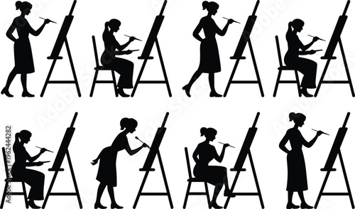 Silhouettes of female artists painting at easels in various poses demonstrating creative process and artistic dedication