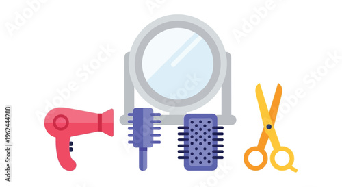 Colorful hairdressing tools on white background in flat illustration style with bright vibrant colors for beauty and fashion industry