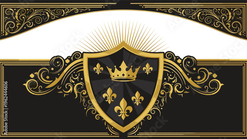 Elegant vintage crest featuring a golden crown and fleur-de-lis on a black shield with ornate filigree border decorations.