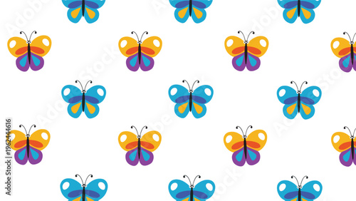 Seamless pattern showing rows of stylized butterflies in vibrant colors including blue, yellow, orange, and purple on white.