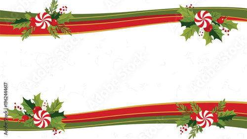 Festive holiday border design with red and green ribbons, peppermint candies, holly leaves, and red berries on a white base.