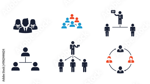 Various icons representing business team structures, hierarchy, leadership, and group dynamics in blue, red, and dark grey.