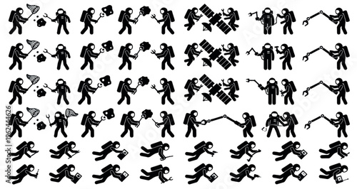 Space Debris Cleanup Mission Silhouettes Set Pack. Editable Vector Stroke Illustration. featuring astronaut, space, exploration, maintenance, repair, satellite, asteroid, cosmos, galaxy, universe more