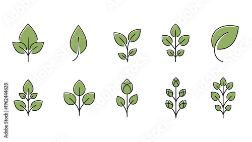 Set of ten different green leaf and plant icons in a simple minimalist style with black outlines for natural branding.