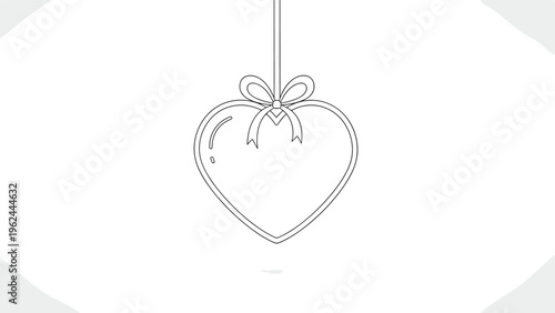 Minimalist black and white line art illustration of a hanging heart-shaped ornament decorated with a simple ribbon bow.