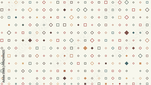 Abstract geometric background pattern featuring small squares and diamonds in various muted colors on an off-white field.