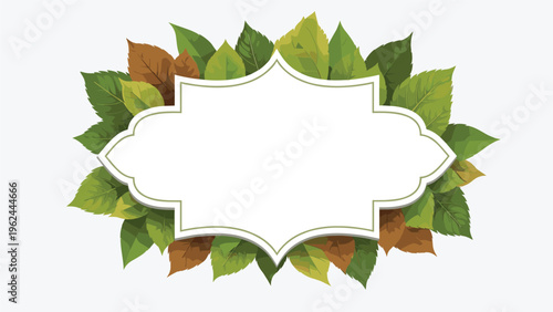 Blank white ornate frame centered and surrounded by a dense arrangement of green and brown autumn leaves of various shapes.