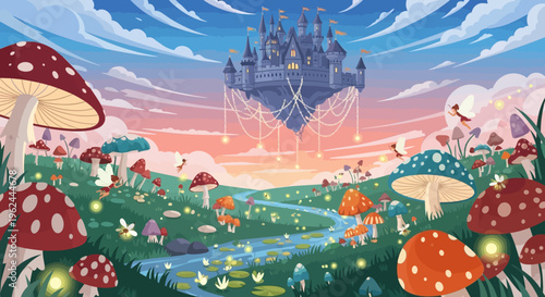 whimsical floating islands with houses and trees in sky