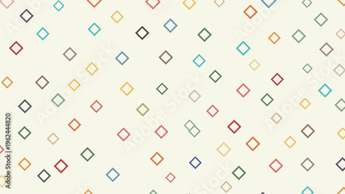 Minimalist abstract background featuring a scattered pattern of small diamond shapes outlined in various bright colors.