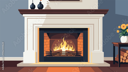 Warm and inviting living room scene featuring a lit stone fireplace with burning logs and flowers on a side table.