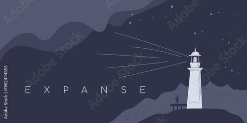 Mystical vector banner with lighthouse beacon and stars on dark purple cosmic night background