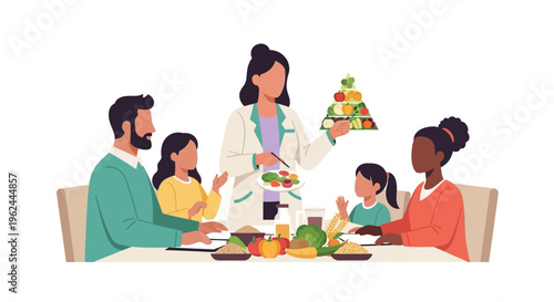 Diverse Family Learning Healthy Eating from Nutritionist: Dietitian Explains Food Pyramid and Balanced Diet for Wellness and Healthy Lifestyle