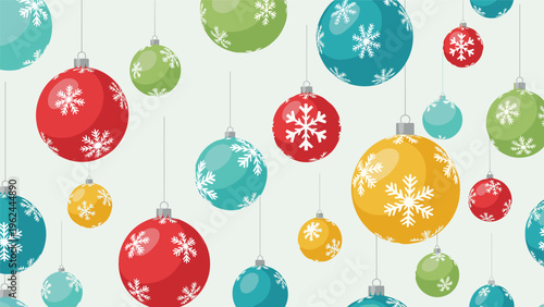 Festive holiday pattern featuring rows of red, blue, green, and yellow Christmas bauble ornaments with snowflake patterns.