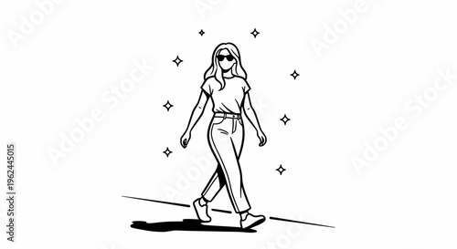 Young woman walking confidently in casual outfit with sunglasses  