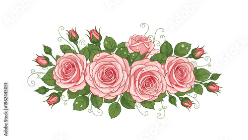 Beautiful bouquet of soft pink roses with green leaves and delicate water droplets on the petals isolated on a white background.