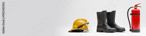 Firefighter equipment including yellow helmet, black boots and red fire extinguisher isolated on white background. Emergency service gear, protective clothing and safety tool for hazard. Banner with