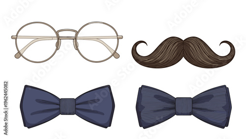 Gentleman accessories set featuring round glasses a brown handlebar mustache and two blue bow ties on a clean white background.