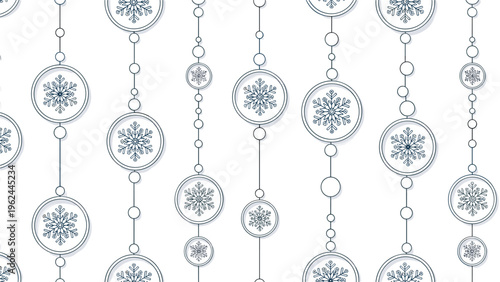 Winter holiday seamless pattern with blue snowflakes inside hanging circular ornaments on a white background for wrapping.