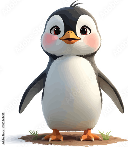 Adorable and charming baby penguin vector illustration with big expressive eyes and rosy cheeks, standing innocently on a small patch of ground, perfect for children's designs.