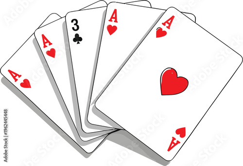 A vector graphic illustration showing a fan of five playing cards, prominently featuring four aces of hearts and one three of clubs, ideal for gambling themes or game design.