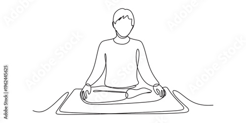 person sitting in yoga pose on mat, minimalist line drawing