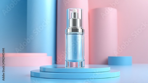 A glass bottle of pink nail polish and colorful cosmetic liquid sits as an isolated fashion object against a black background for beauty and nail care
