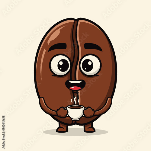 Cartoon coffee bean character holding cup.