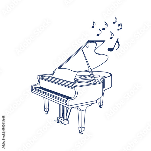 A simple line drawing depicts a grand piano with musical notes rising from its open lid