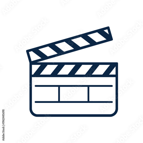 A simple blue outlined illustration of a classic movie clapboard or film slate indicating production