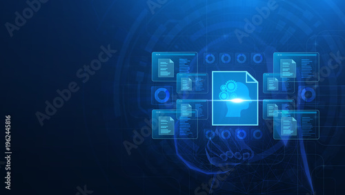 An advanced digital interface showcasing artificial intelligence concepts, with documents and data visualized in a futuristic blue environment.