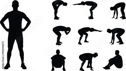 Athletic man silhouette collection with various stretching warming up and workout poses for fitness training gym exercise healthy lifestyle and sports vector